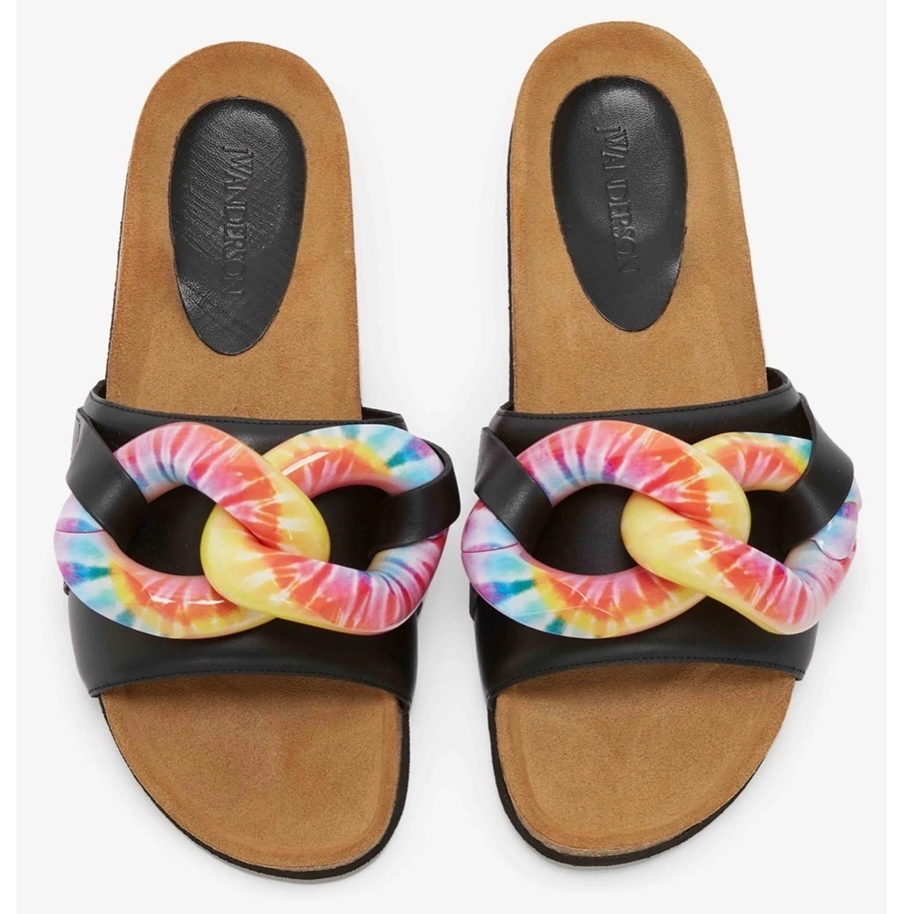 JW Anderson Leather Tie Die Chain Slip On Slides Sandals Black Women's Sz 8 NWOT